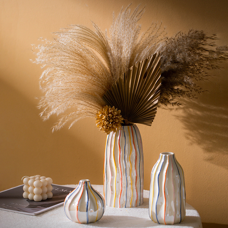Pampas Grass Decor - CAPIRON Vas Keramik Garis Warna-warni Dekorasi
