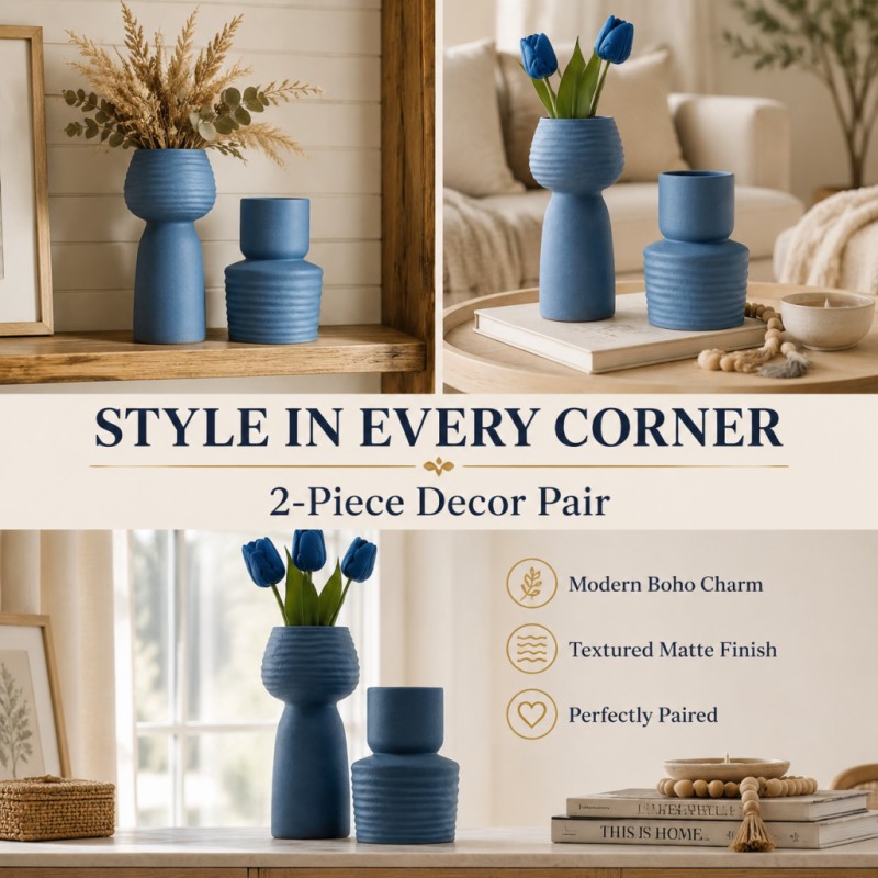 2Pcs Set Vas Biru Bertekstur K - Pampas Grass Decor ulasan dan harga